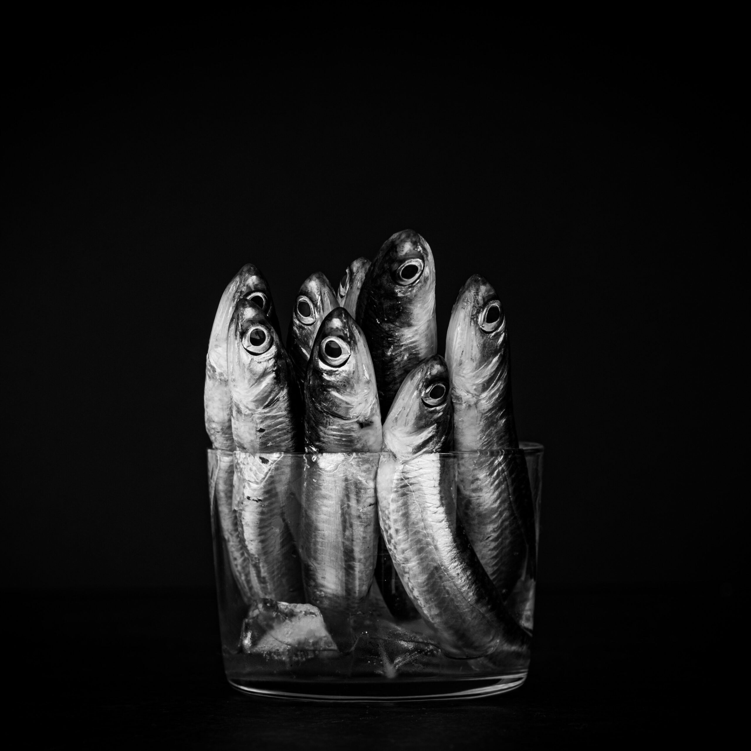Seven sardines in a clear glass, black background.