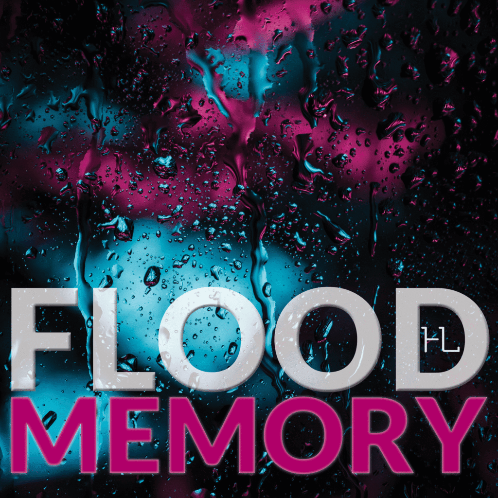 Flood Memory, a window with blue and pink lighting through the rain. 