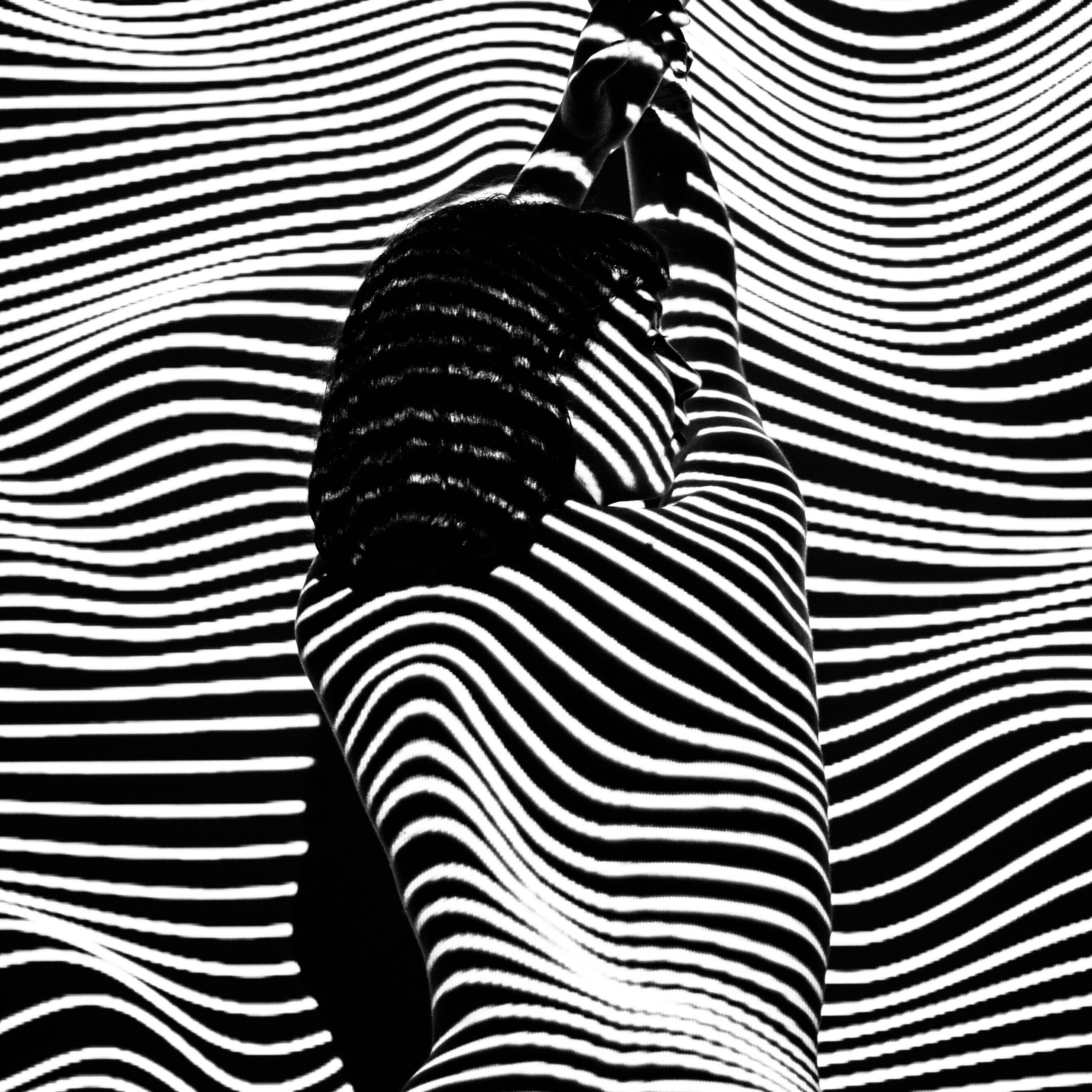 Naked back with black and white horizontal lines.